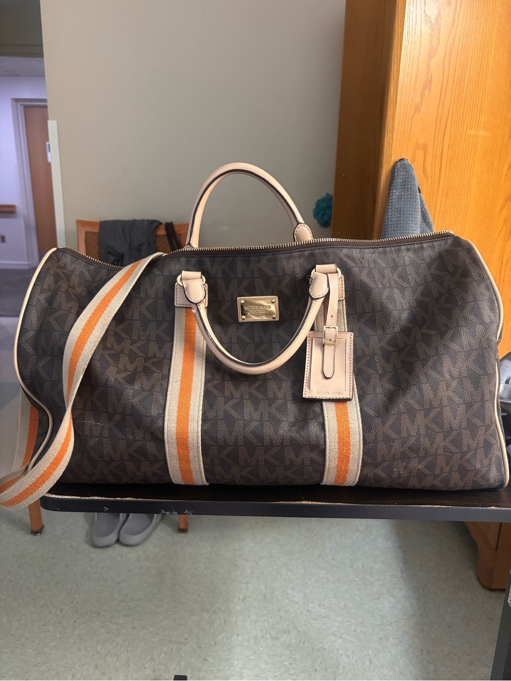 Michael Kors Brown Monogram Duffel with Orange and Cream Stripes